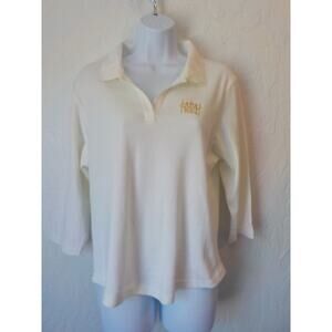 Dunbrooke Women Large White Ivory Polo shirt 3/4 Sleeve NWT Golden Embroidery